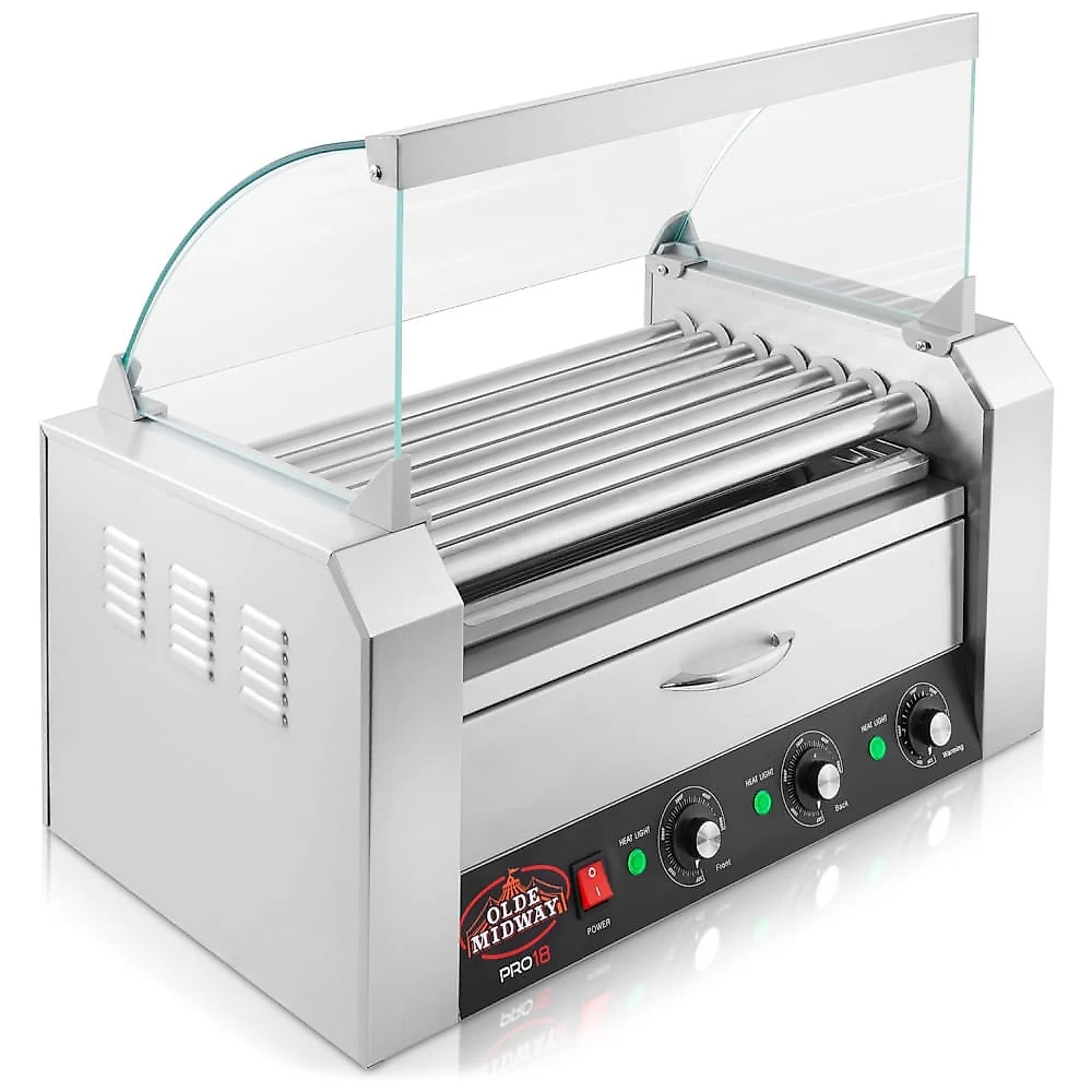 Máquina para Cachorro Quente 7 Rolos até 18 Salsichas com Gaveta de Aquecimento, 110V 1100W, OLDE MIDWAY, Prata
