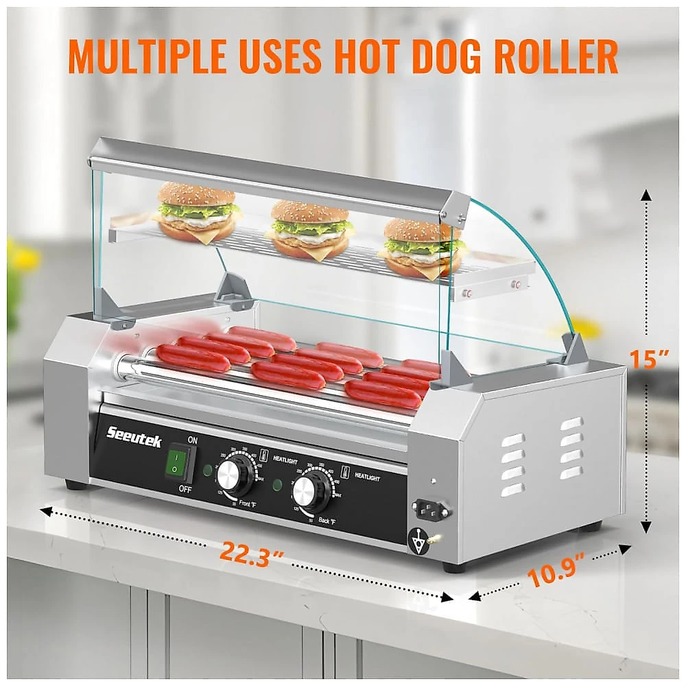 Máquina de Cachorro-Quente Seeutek com 5 Rolos, Capacidade para 18 Cachorros-Quentes, 1100W, Aço Inoxidável, Controle de Temperatura Duplo, Cobertura
