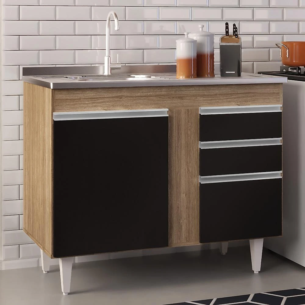 Armário Aéreo Indiana E Balcão Gabinete 100cm Com Pia Inox Luziania Castanho-preto - Lumil