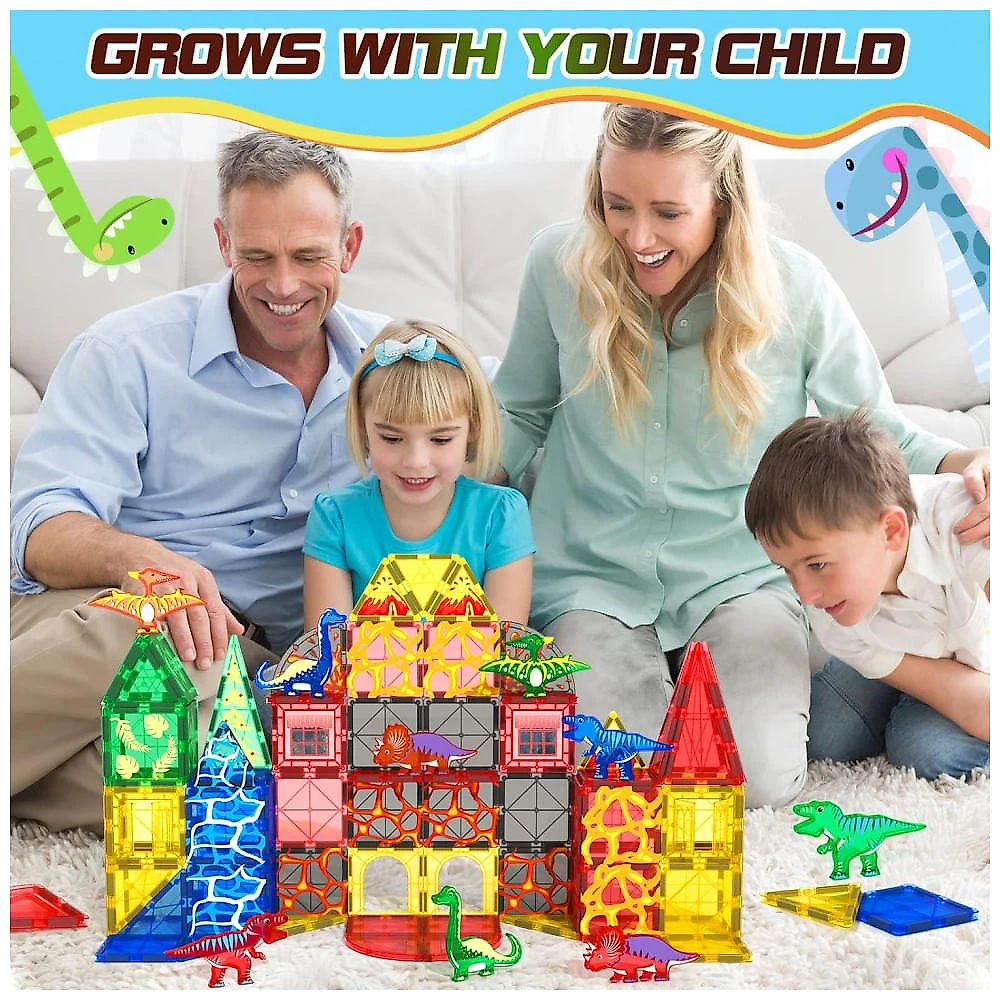 Conjunto de Blocos Magnéticos com Temática de Dinossauros - 102 peças, 8 Dinossauros, Cenários Jurássicos,Coodoo