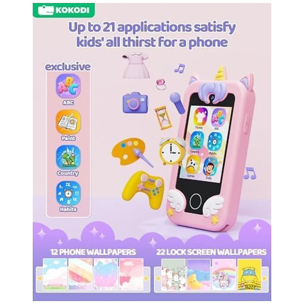 Celular Brinquedo KOKODI Unicorn, com tela sensível ao toque, câmera dupla HD, ideal para meninas de 3 a 10 anos, presente educativo e divertido.