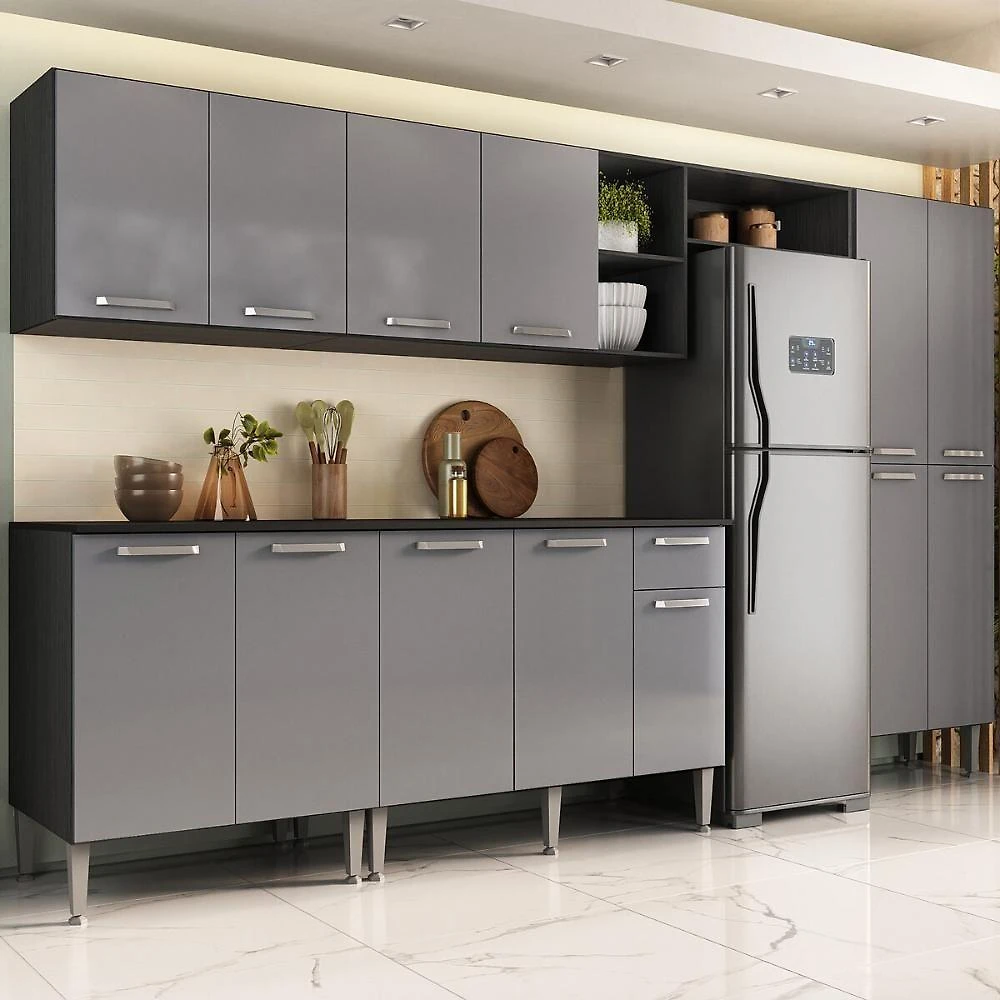 Armário Cozinha Modulada Completa 298cm Pequim Top Multimóveis Mp3769 Preto-lacca Fumê