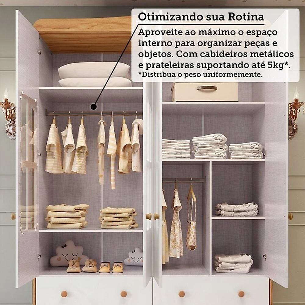 Quarto de Bebê Berço Minicama Guarda-roupa e Cômoda Janeladas 100% Mdf Maya Clássico Espresso Móveis Amêndoa/Branco Brilho