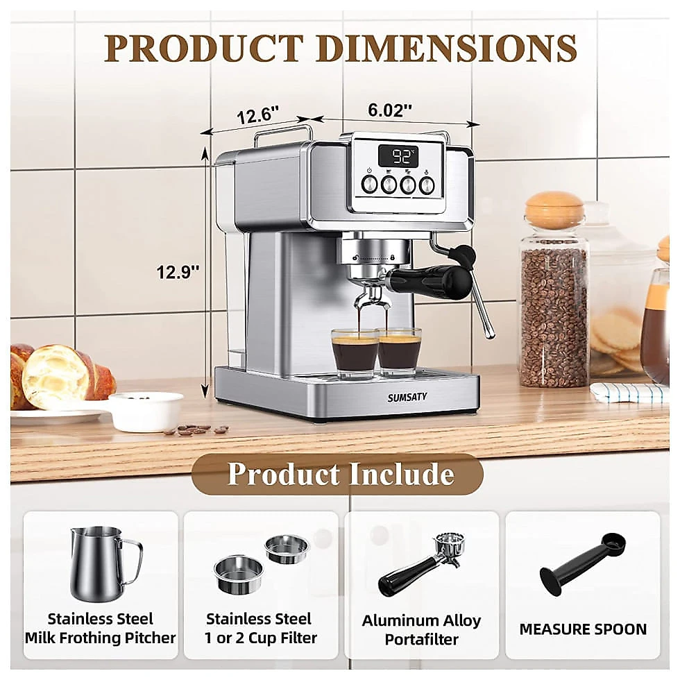 Máquina de Café Expresso 20 Bar SUMSATY 1,8 L de Capacidade com Vaporizador, Aço Inoxidável 110V