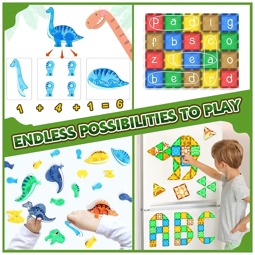 Blocos Magnéticos de Dinossauros 3D com Movimento para Crianças - Brinquedos Sensoriais de Exterior para Carrinhos 35x57cm - Coodoo