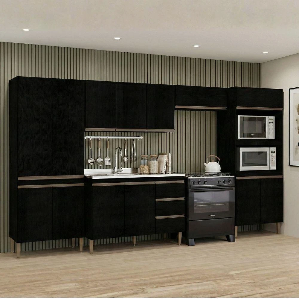 Cozinha Completa Milão 5 Peças MDF MDP 320CM Preto com Paneleiro e Torre Quente Menu Móveis