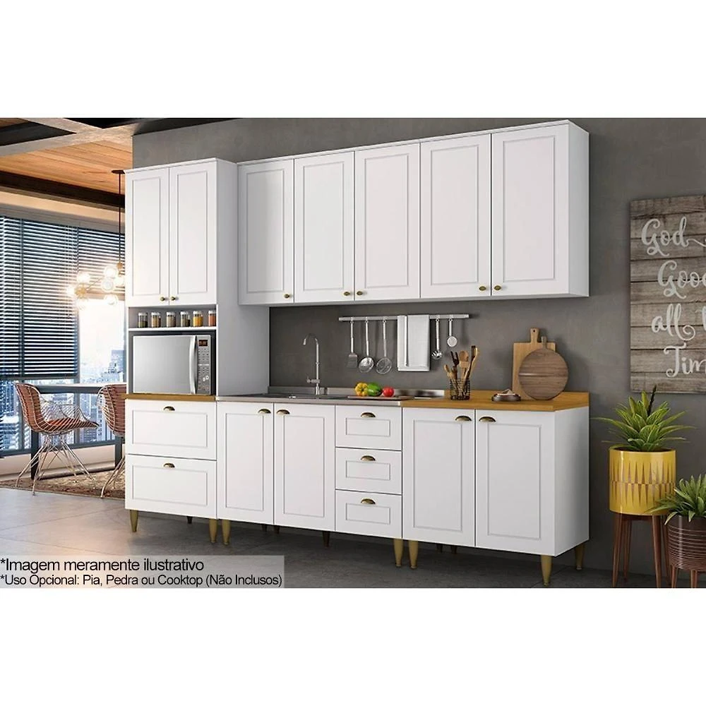 Cozinha Modulada Americana 6 Peças 2 Aéreos + 2 Balcões+ 1 Paneleiro + 1 Complemento Com Pés C5p61 Branco2 Aéreos + 1 Balcão + 1 Complemento