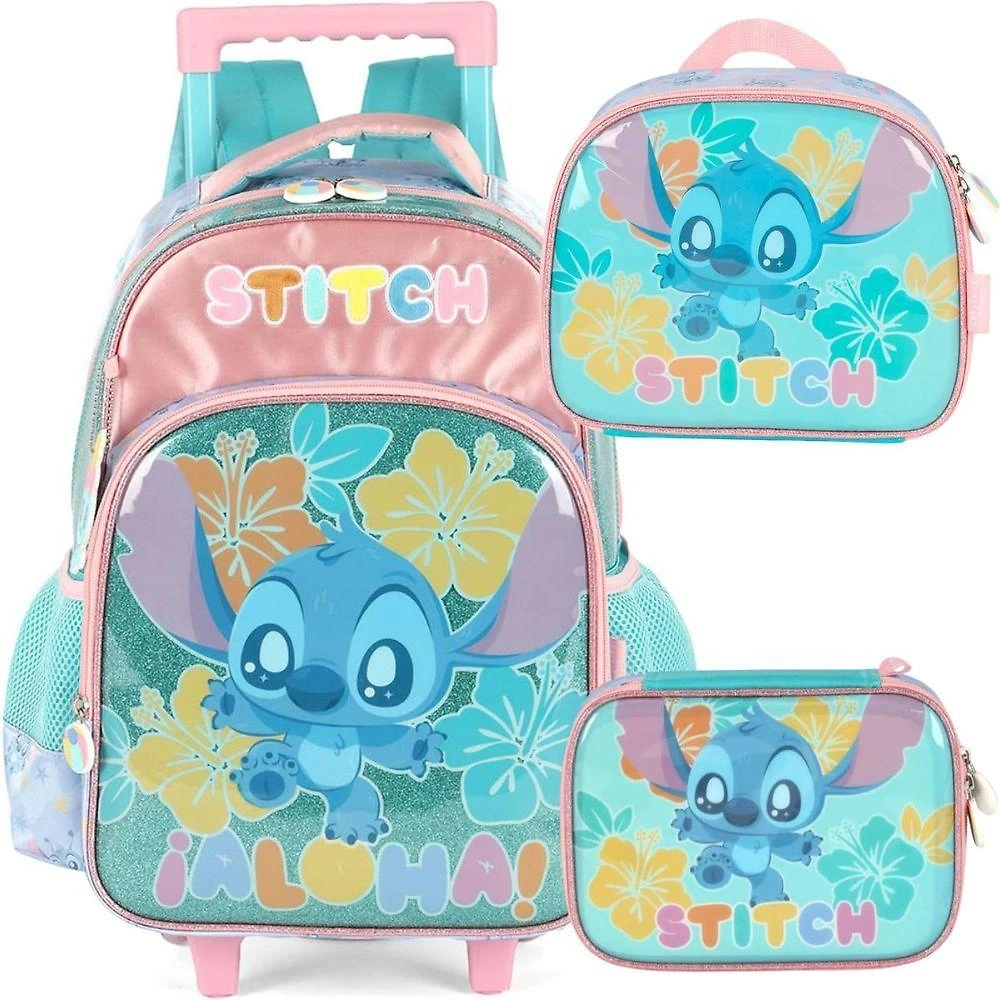 Kit Escolar Luxcel Stitch e Scrump Disney Mochila Rodinhas Lancheira Estojo Turquesa