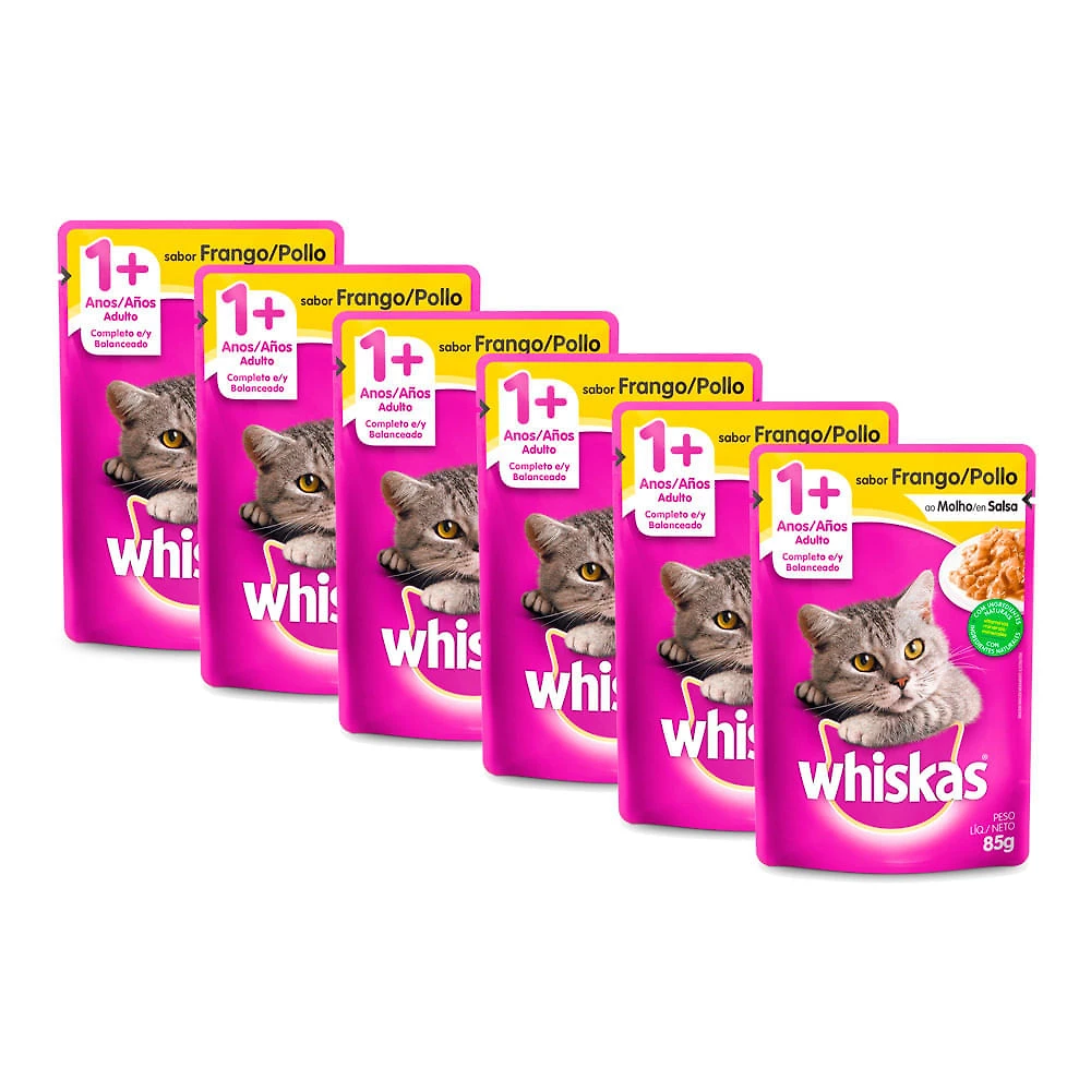 Kit 6 Ração para Gatos Whiskas Adulto 1+ Anos Sachê Sabor Frango ao Molho 85g