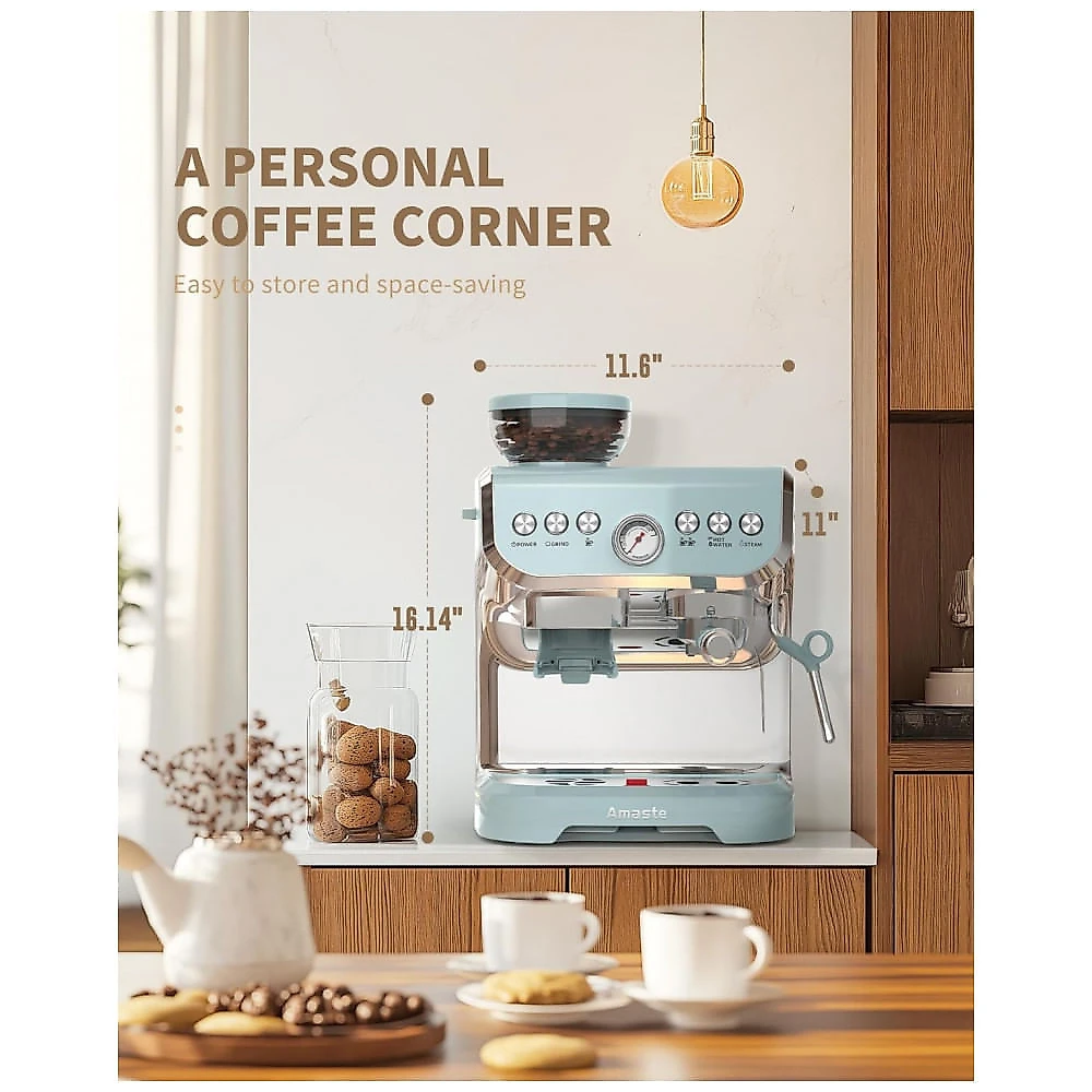 Cafeteira Espresso Amaste 15 Bar com Moinho Integrado, Vaporizador, 2L Azul, Kit Barista, Pre-Infusão, AC-517EA 110V
