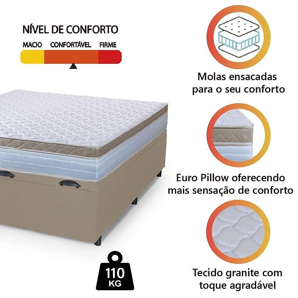 Cama Box Baú Casal Queen Colchão Com Molas Ensacadas 158x198x63cm Dunas Branco/bege Hellen Branco / Bege