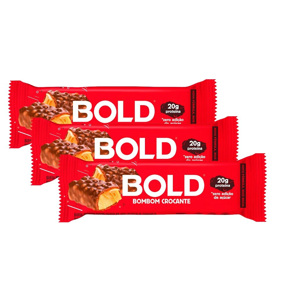 Kit 3 Barra de Proteína Bold Sabor Bombom Crocante 20g de Proteína Zero Açúcar com 60g