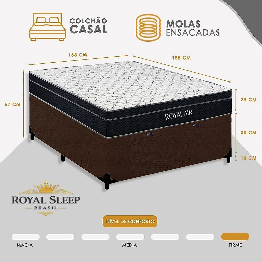 Cama Box Baú Casal 138cm Royal Air Molas Ensacadas Suede Marrom Royal