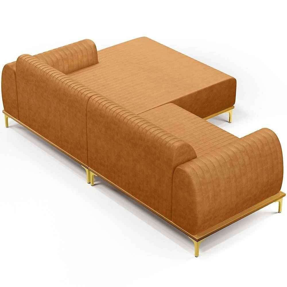 Miniatura Sofá 5 Lugares Chaise Direito Sala Molino 300cm D02 Pés D\'ouro Couríssimo Whisky B-90