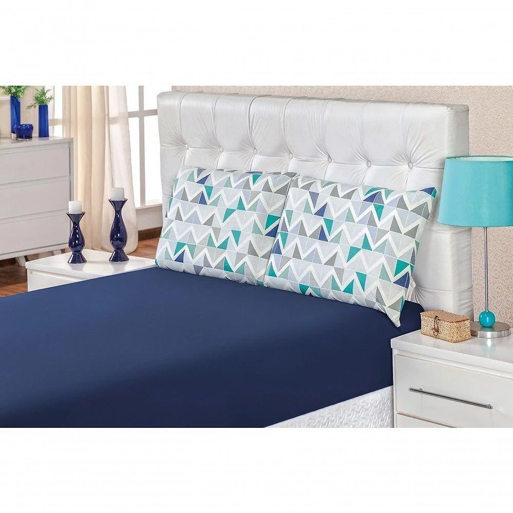 Jogo De Cama Malha King Quality 03 Peças - Geométrico Azul