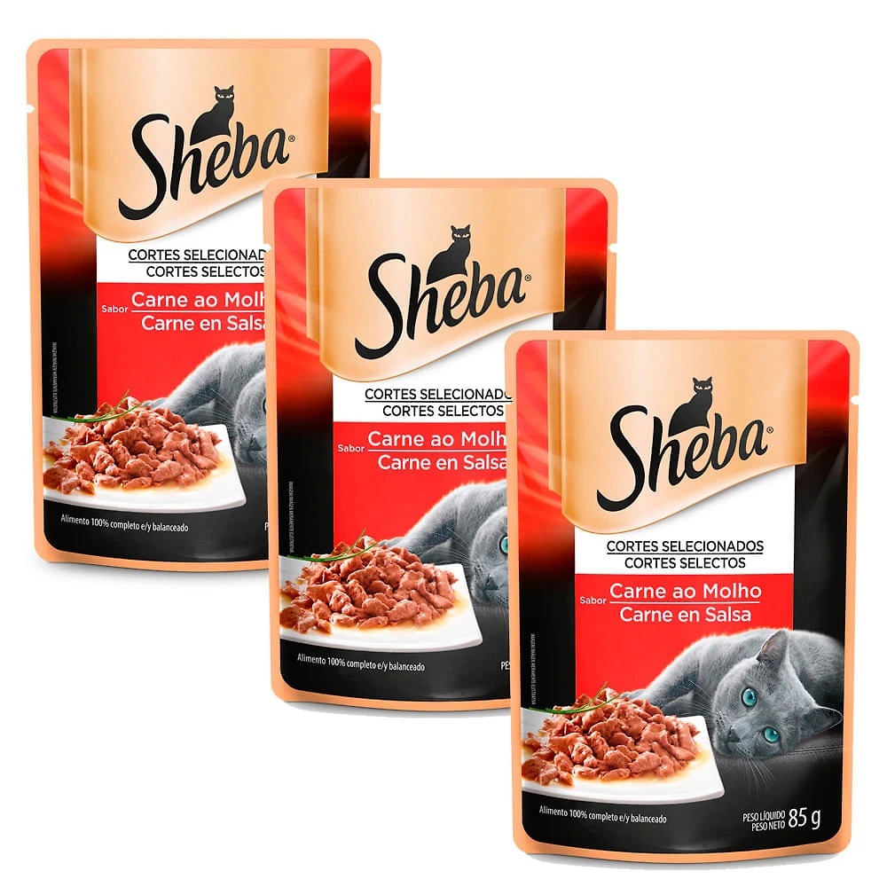Kit 3 Ração Úmida para Gatos Sheba Adulto Sabor Carne ao Molho em Sachê 85g