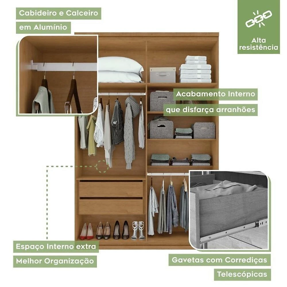 Quarto Infantil com Guarda-roupa Solteiro 4 Portas 2 Gavetas Alonzo e Cama Solteiro Athenas Amêndoa Clean