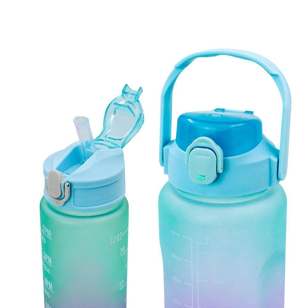 Kit Garrafa de Água Degrade 2L e 900ML em Plástico com Marcador de Horas Adesivos 3D Verde