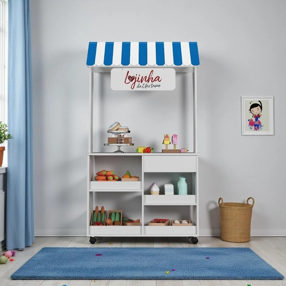 Lojinha Mercadinho Infantil Toldo com Rodízios Gaveta Nichos Plaquinha Branco Azul Vermelho