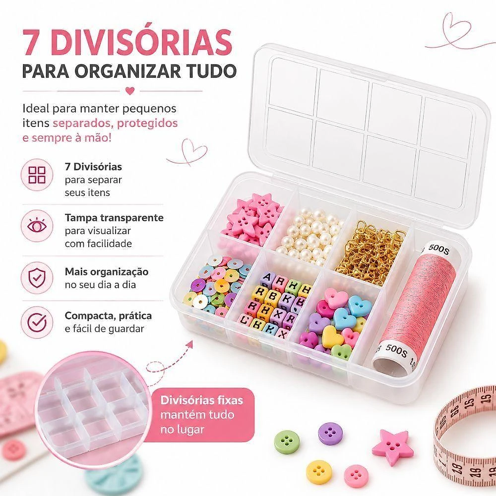 Caixa Organizadora Mini com 7 Divisórias Polipropileno Resistente com Visor Transparente