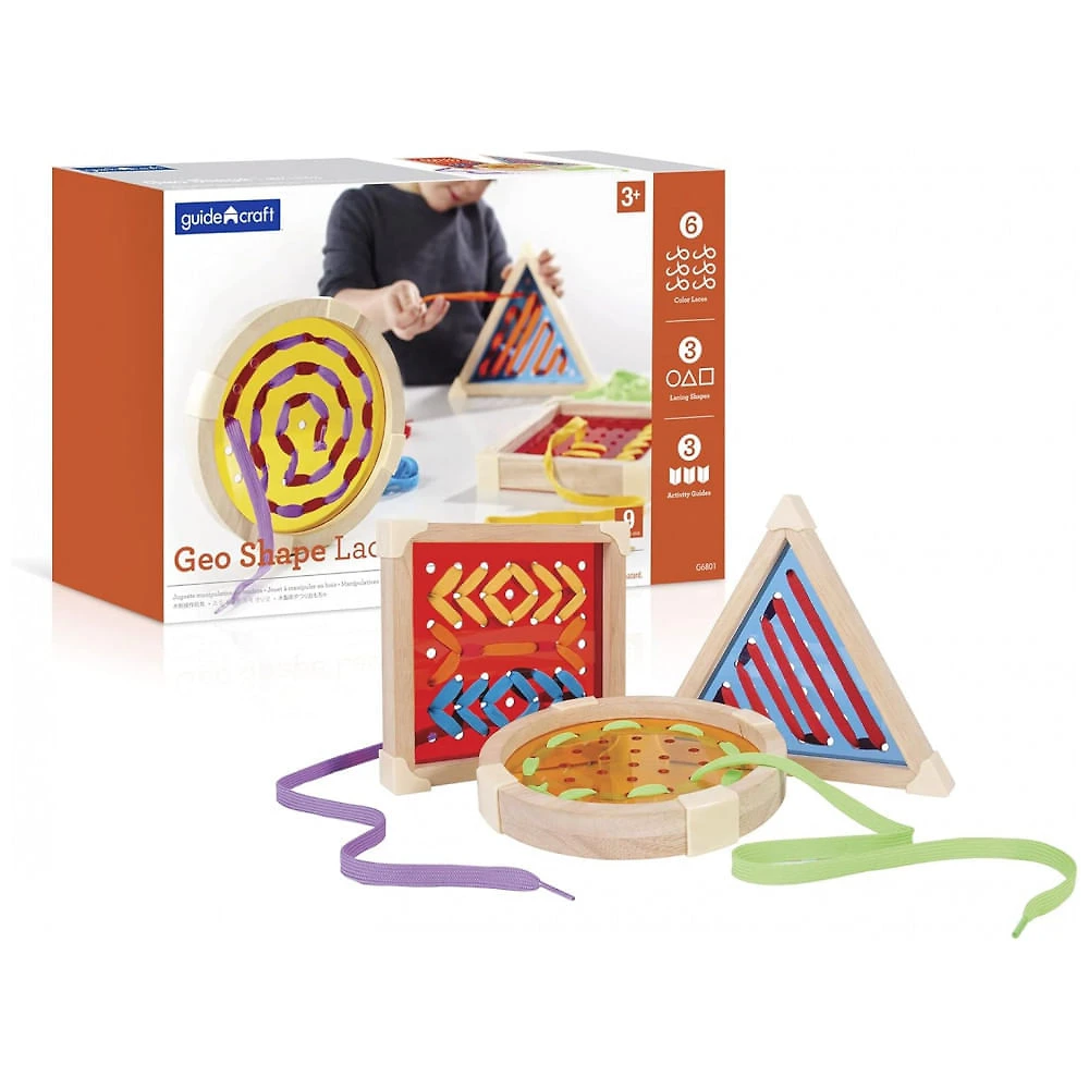 Brinquedo educativo Guidecraft Geo Shape Lacing madeira colorido, 3 placas para costurar formas geométricas, 6 cadarços multicoloridos, modelo Geo S