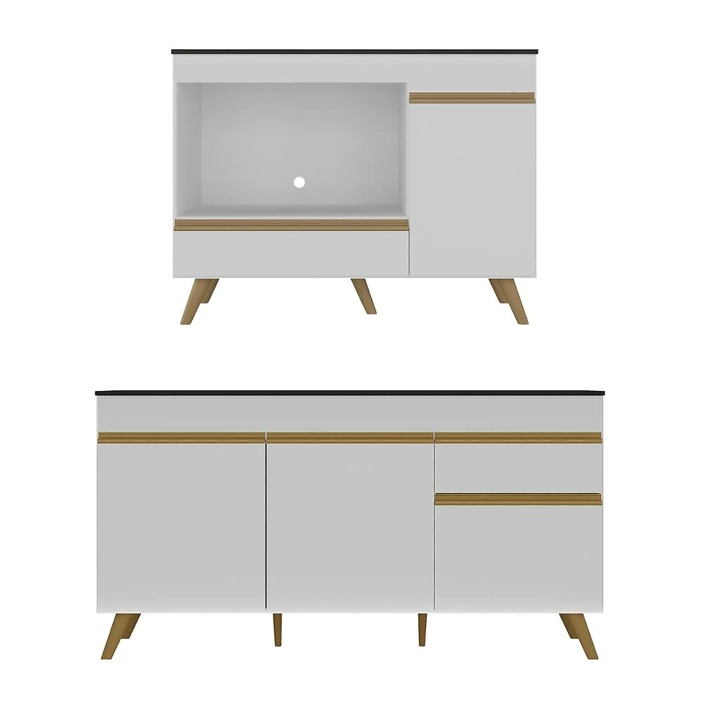 Kit Balcão Cozinha para Cooktop/Forno 105cm e Gabinete Pia 150cm Retrô Veneza Multimóveis MP2288 Branco/Dourado