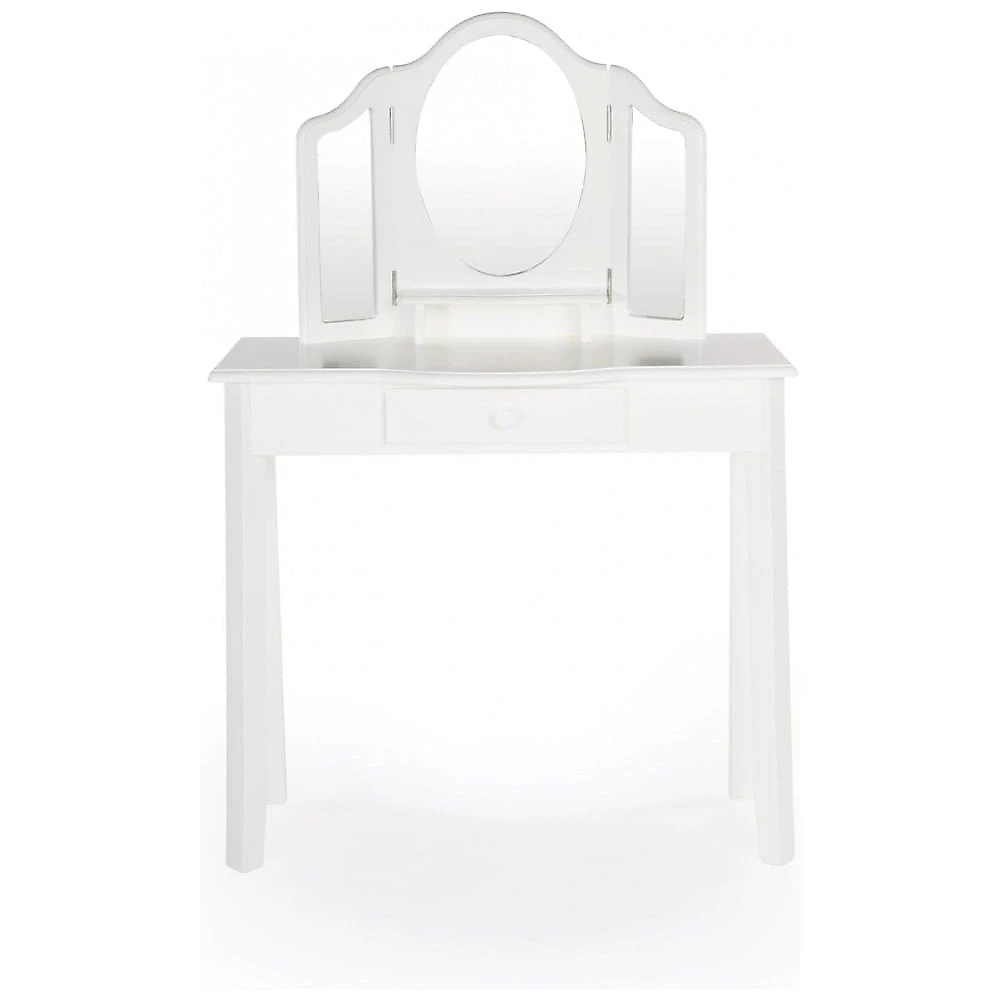 Penteadeira infantil Guidecraft Classic White Vanity branca com espelho triplo e banqueta em madeira
