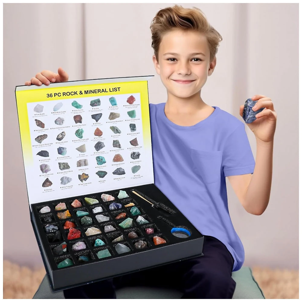 Kit Coleção de Pedras e Cristais Multicor – Caixa Exposição + Guias Educativos, Científico e Decorativo para Crianças, BTYCityMao