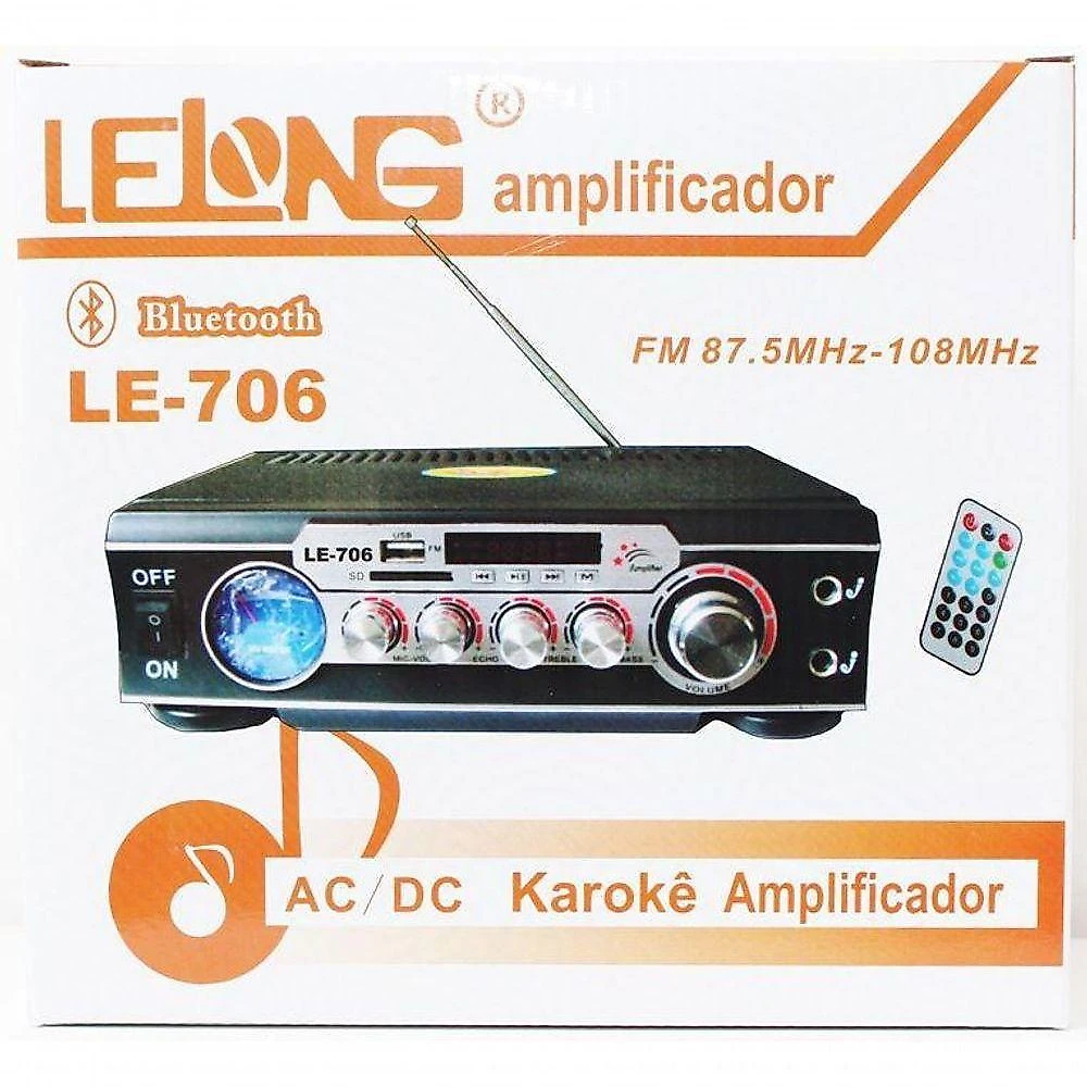 Receiver Amplificador Lelong 2 Canais Karaokê Bluetooth 60W RMS 110V Preto
