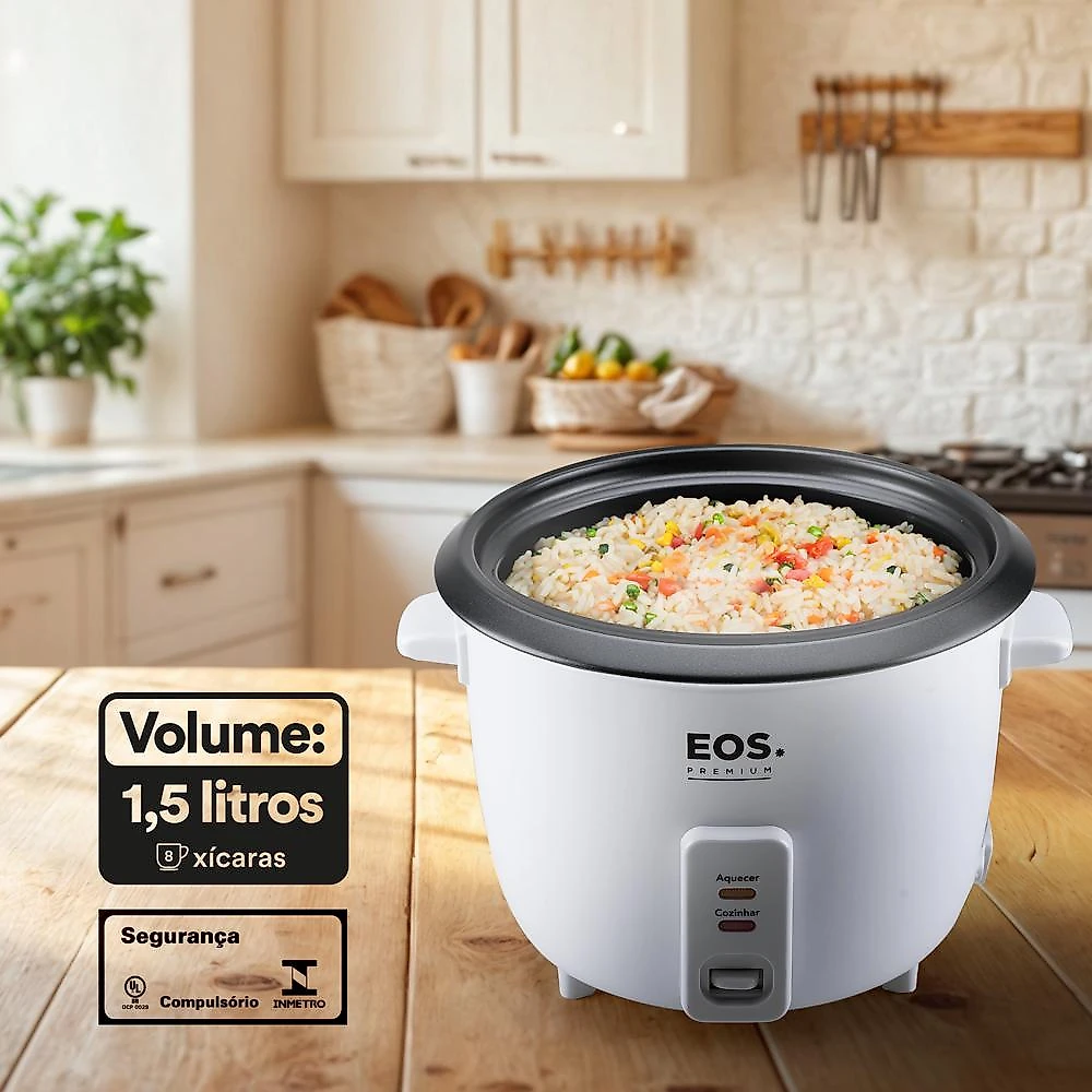 Panela Elétrica de Arroz 8 Xícaras EOS Premium Pratic Tampa de Vidro Branco EPA08B 220V