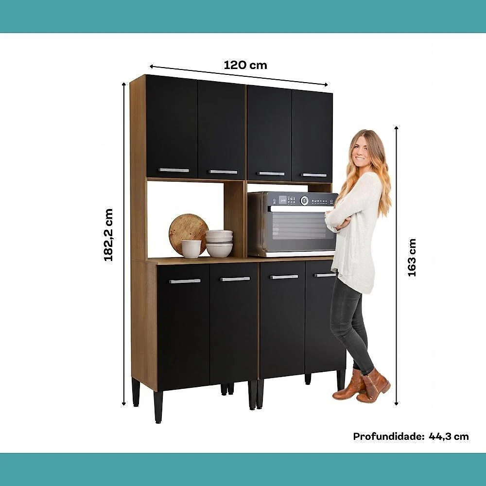 Cozinha Arizona 8 Portas sem Gavetas MDF MDP 120,0CM Carvalho com Preto Móveis Carraro