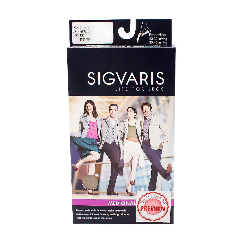 Meia Panturrilha (3/4) Sigvaris Select Comfort Premium 20-30 mmHg M (Tamanho Médio) Curto, Ponteira Aberta, Cor Natural