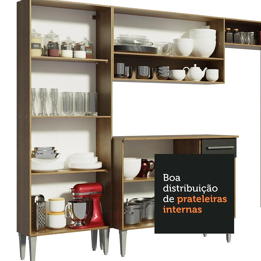Armário de cozinha completa 261cm rustic/preto emilly madesa 04