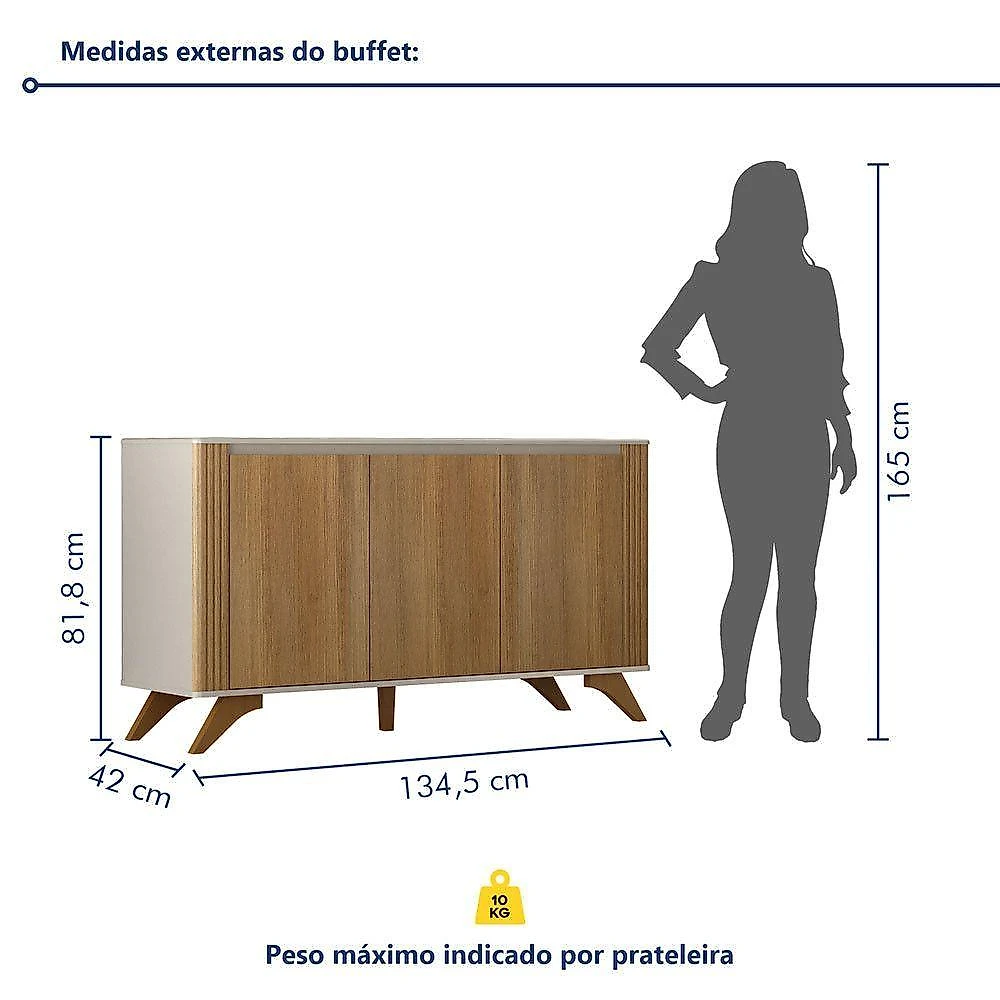 Buffet 3 Portas 2 Prateleira Pampulha Valdemoveis Off White/cinamomo