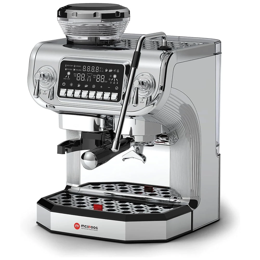 Máquina de Café Expresso Semi Automática 15 Bar com Moedor Embutido e Bocal de Leite, 110V 1450W, Mcilpoog TC520, Prata