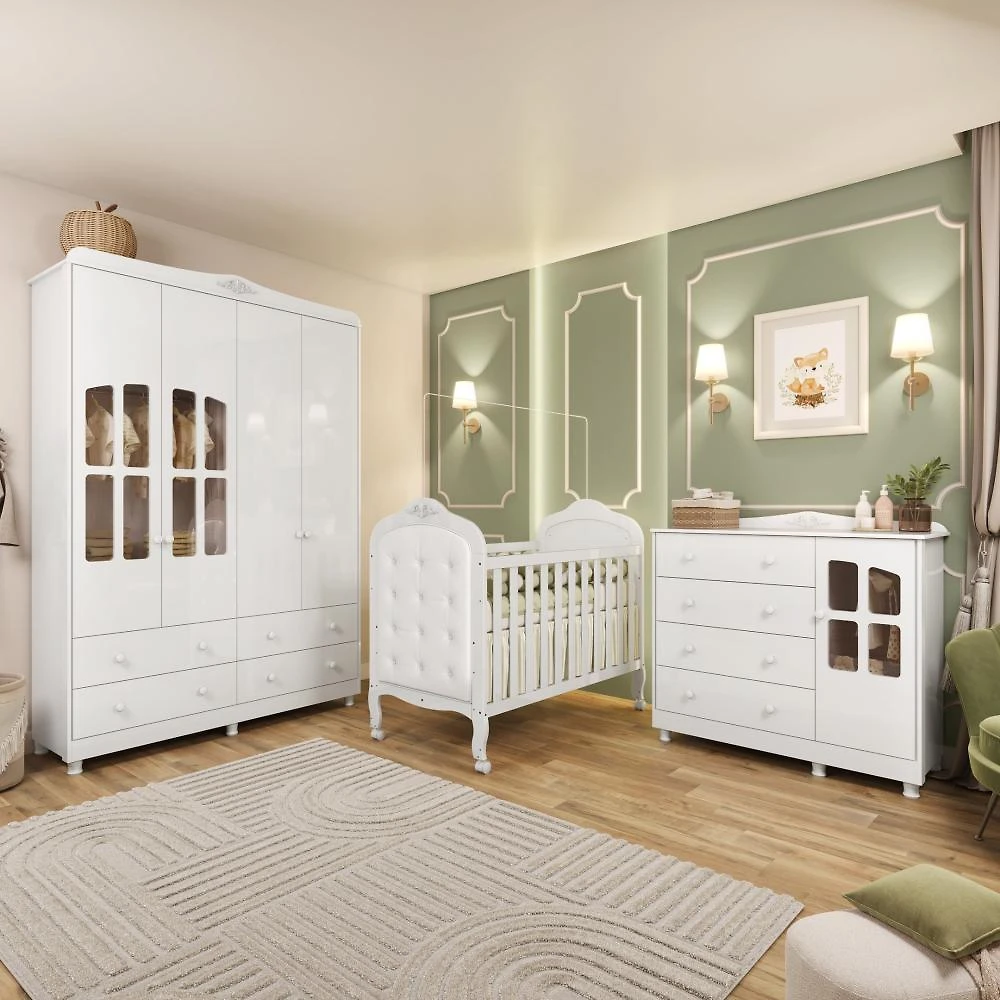 Quarto de Bebê Berço com Capitonê Guarda Roupa e Cômoda com Janela Maya Clássico Espresso Móveis