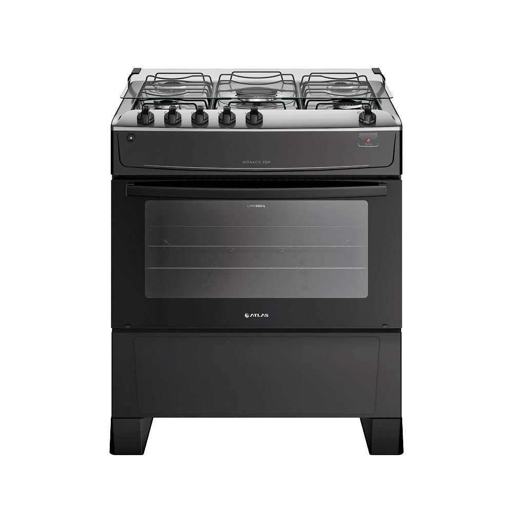 Fogão de Piso 5 Bocas a Gás Atlas Mônaco Top Mesa de Inox Automático Preto Bivolt