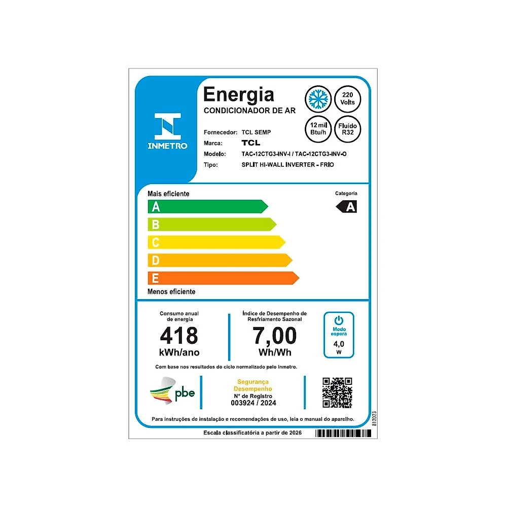 Ar-Condicionado Split Inverter 12000 BTUs TCL BrazeIn High Wall Só Frio TAC-12CTG3-INV-I/TAC-12CTG3-INV-O 220V