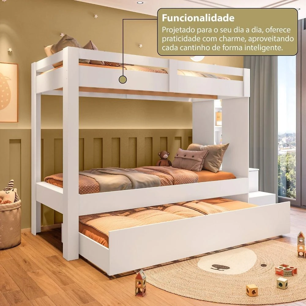 Beliche Infantil Juvenil com Cama Auxiliar Moon Branco