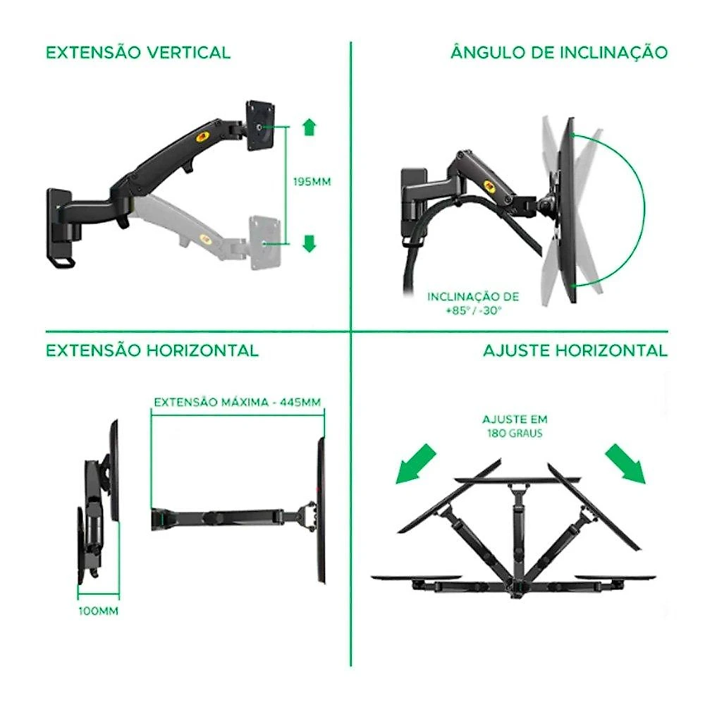 Suporte de Parede Articulado para Monitor de 17" a 35" North Bayou, Ajustes com Pistão a Gás, Preto - F150 NB