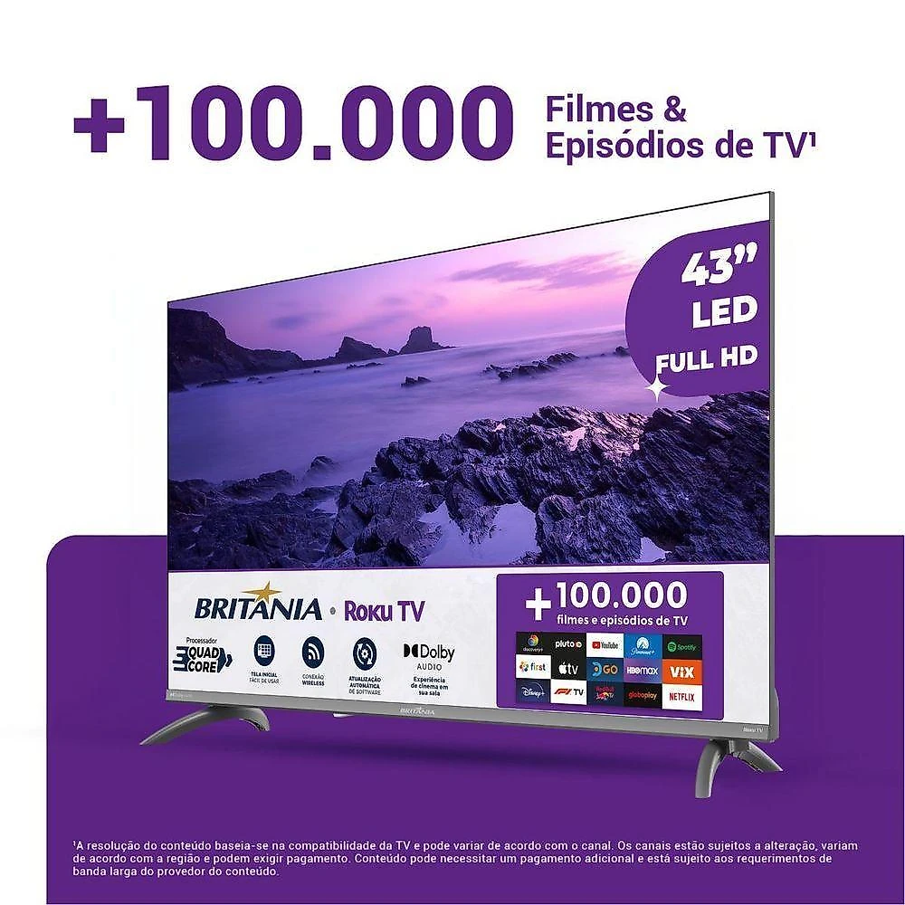 Smart TV Britânia B43CRA 43 Full HD DLED Roku HDR10 Cinza Bivolt