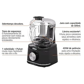 Processador de Alimentos Philco PMN04A 420W 500ml Trava de Segurança Preto 110V