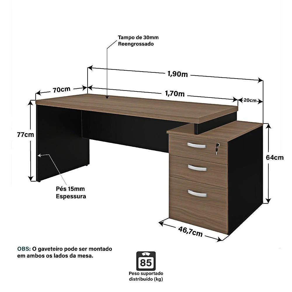 Conjunto Mesa Pedestal e Armário Alto Escritório Nogal / Preto