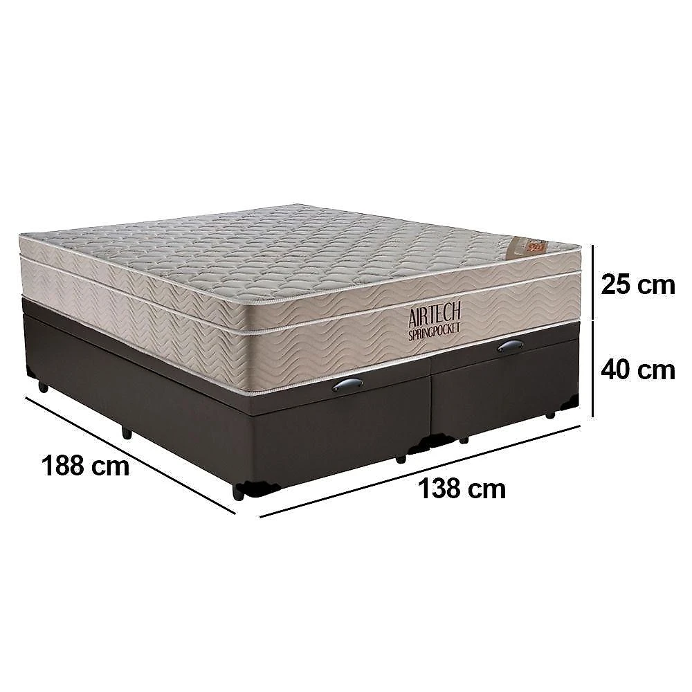 Cama Box Baú Casal Bipartido Sintético + Colchão Ortobom Airtech Molas Ensacadas 65x138x188 Marrom