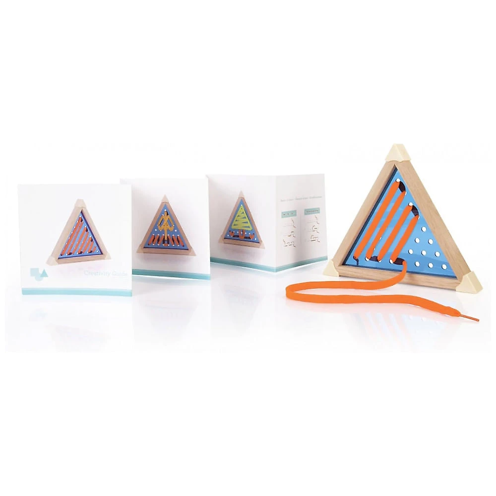 Brinquedo educativo Guidecraft Geo Shape Lacing madeira colorido, 3 placas para costurar formas geométricas, 6 cadarços multicoloridos, modelo Geo S