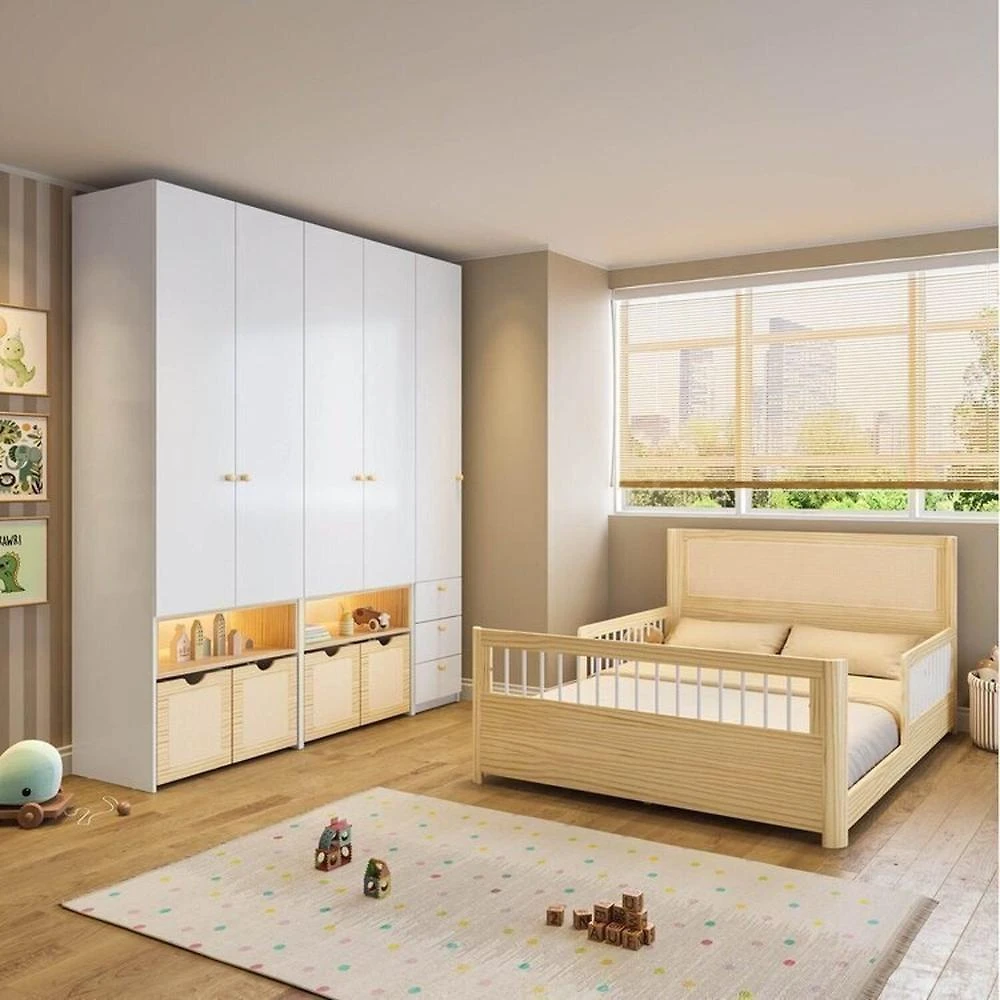 Conjunto Dormitório com Cama Montessoriana Casal e Guarda-roupa Modulado com Led Wave Casatema