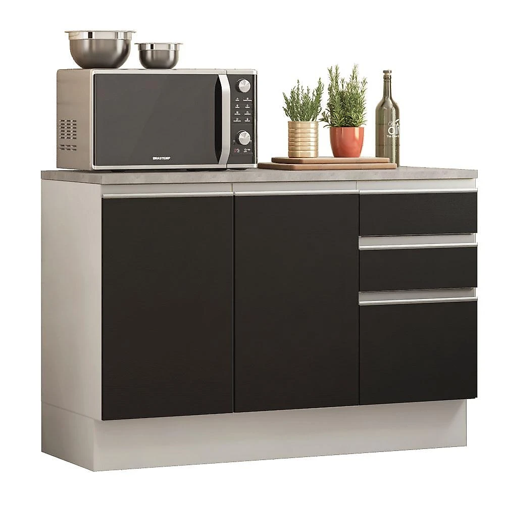 Balcão de pia armário de cozinha 120 cm 2 portas e 3 gavetas (com tampo) branco/preto glamy madesa