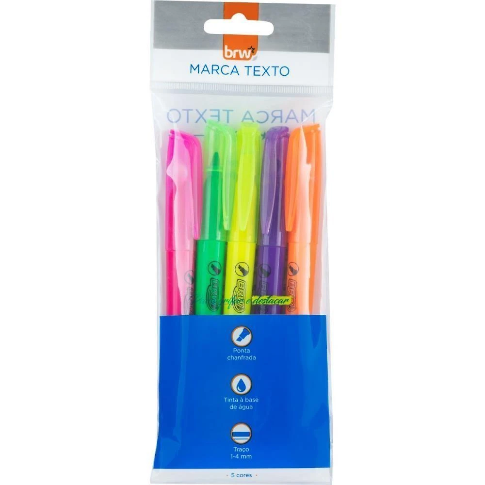Caneta Marca Texto BRW Neon Ponta Chanfrada Kit 5 Cores