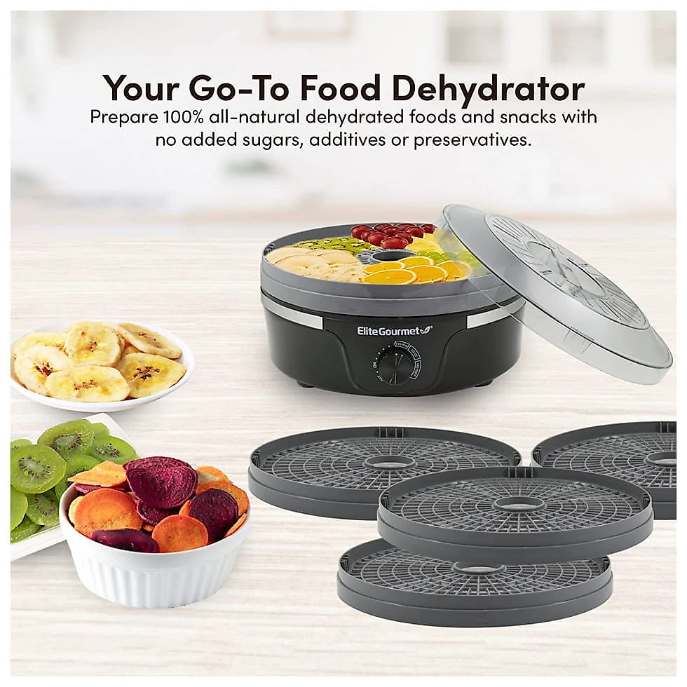 Elite Gourmet Desidratadora de Alimentos com 5 Bandejas e Temperatura Ajustável, 350W, 110V, Preta