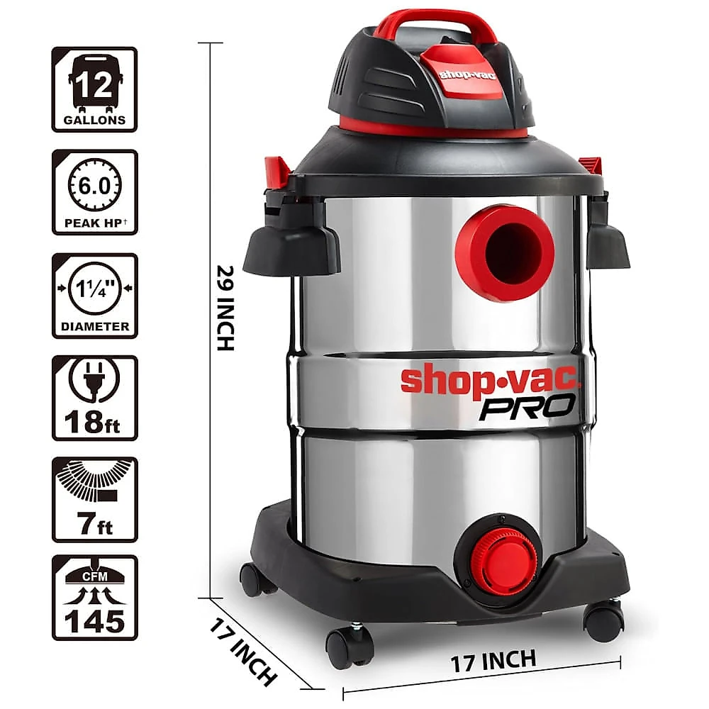 Miniatura Aspirador de Pó Profissional de 45,48 Litros com Tanque de Aço Inoxidável, Motor de 6 Picos, 110V 1416W, Shop Vac Pr...